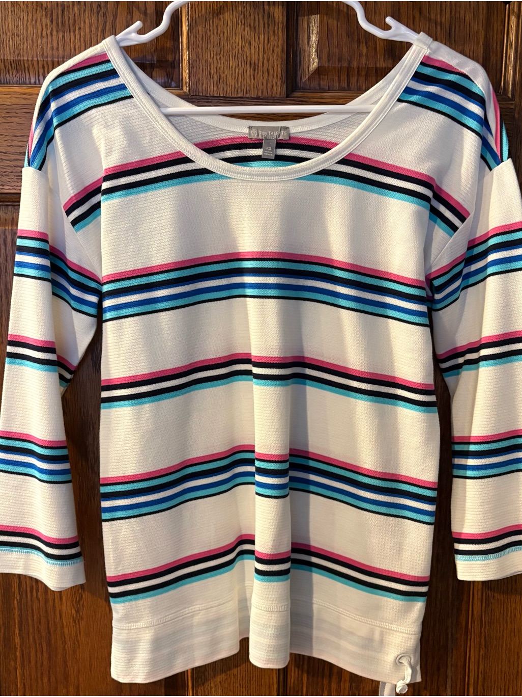 Talbots White Striped Scoop Neck Top With Teal, Navy & Pink
